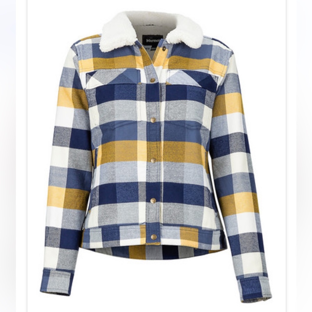 Marmot Women's Ridgefield Sherpa Lined Jacket Yellow Blue Plaid Flannel Snap S